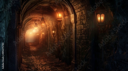 Covert Underground Labyrinth Aglow with Lantern Light © Newaystock
