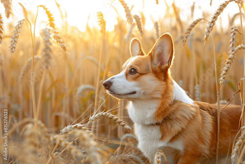 A Welsh Corgi standing in a field of tall wheat, with the golden hour sun casting a warm glow over the scene.