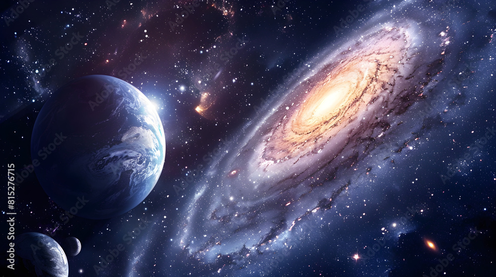 A mesmerizing image of the galaxy and universe, showcasing the beauty of space exploration with planets, stars, and celestial bodies. A mesmerizing image of the galaxy and universe, showcasing the beauty of space exploration with planets, stars, and celestial bodies.