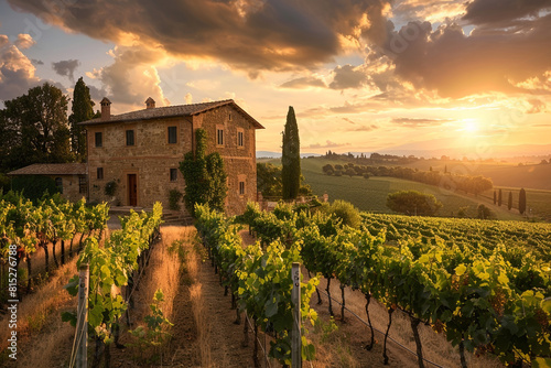 An earthy brown stone farmhouse nestled in a Tuscan vineyard  with rows of grapevines stretching into the sunset.