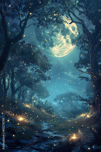 Highlight the enchantment of fireflies dancing in a moonlit forest clearing