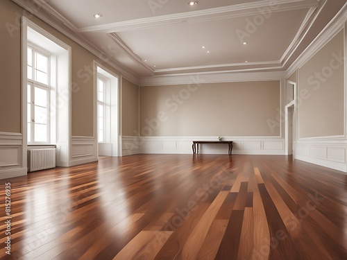  An expansive room with polished wood flooring housing a large empty picture frame for decoration design. 