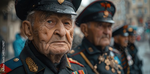 group of old veterans in military uniform with medals standing proudly. Veterans day ceremony concept