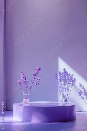 3D rendering of a purple flower vase on a podium with a purple background.