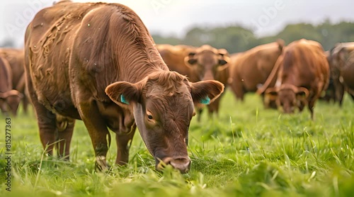 Close-up view of a cow and a herd of cows eating grass in a pasture photo