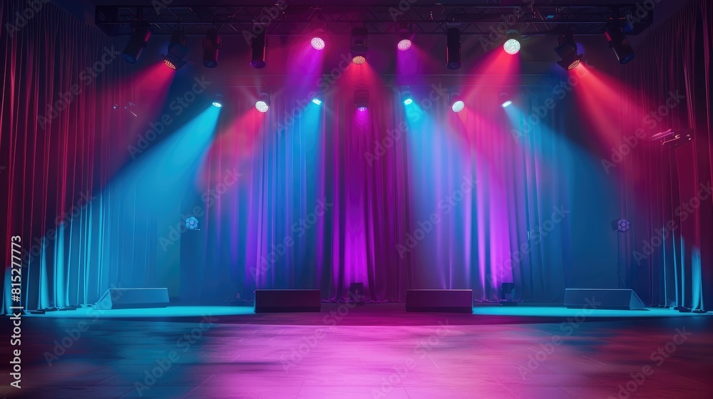 empty stage for performances with colorful lighting. a stage set up with spotlights and lighting realistic