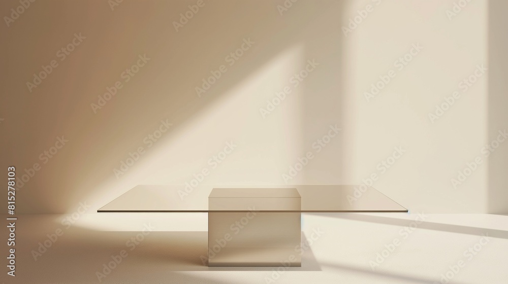 The image shows minimal interior with glass table on beige background. The image shows minimal interior with glass table on beige background.