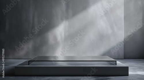 The photo shows a gray concrete room with a large glass box in the center.