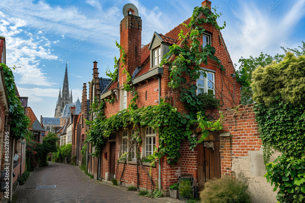 A classic red brick house with climbing ivy, located at the end of a vine-covered lane in a Belgian town, with ancient cathedrals in the distance.