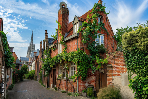 A classic red brick house with climbing ivy, located at the end of a vine-covered lane in a Belgian town, with ancient cathedrals in the distance. photo