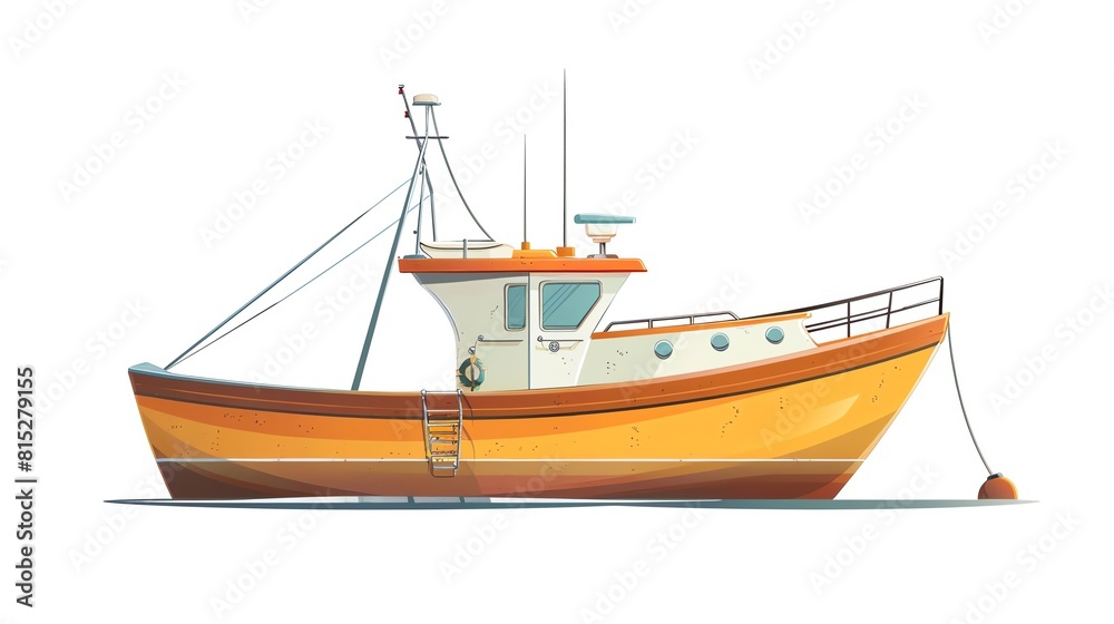 Fishing boat flat design, side view, ship theme, cartoon drawing, colored pastel Fishing boat flat design, side view, ship theme, cartoon drawing, colored pastel