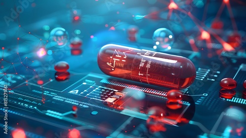 Pharmaceutics technology or medical health care concept, realistic pill with science analysis interface