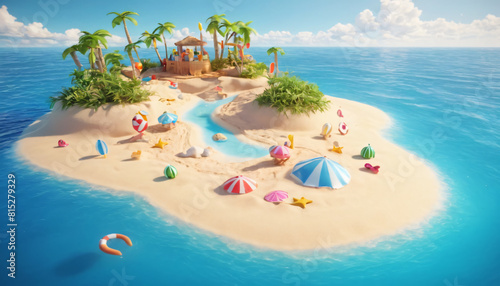 A small sand islet surrounded by the sea with beach symbols  very close view from the water  3D rendering  social media advertising