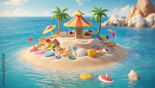 A small sand islet surrounded by the sea with beach symbols  very close view from the water  3D rendering  social media advertising
