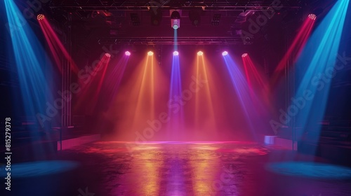 empty stage for performances with colorful lighting. a stage set up with spotlights and lighting realistic