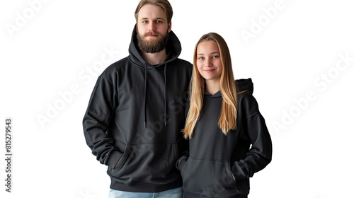 Unbranded hoodies worn by a man and woman in a clothing brand mockup design template for casual sportswear. PNG transparent Background.
