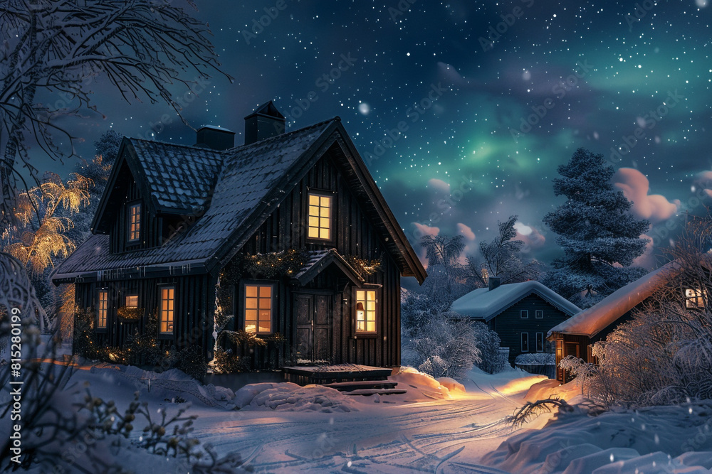 A jet-black timber house in a snowy Swedish village, with northern lights illuminating the sky above.