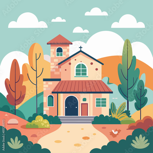 Minimalist countryside building, crafted in an adorable doodle style, Generative AI