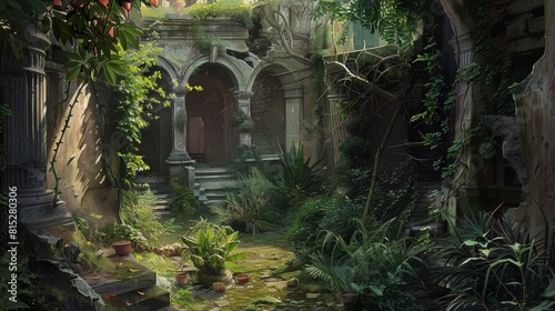Enchanting Hidden Courtyard: Ancient Ruins & Overgrown Vines