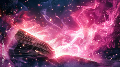 book with pink fire and stars, in the style of nightcore, love and romance, flowing forms, photo