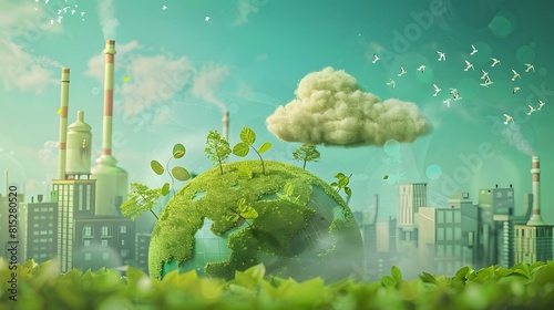 Planet with an environmentally friendly environment with a symbol of ecologically clean air cloud made of green leaves and grass, along with a cartoon sketch of an eco-factory. Ecology industry © Love Muhammad