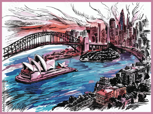 Watercolor sketch of Sydneys iconic landmarks and dynamic city life illustration