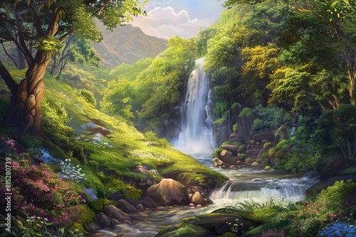 hidden waterfall oasis nestled in lush green hills tranquil landscape escape digital painting © furyon