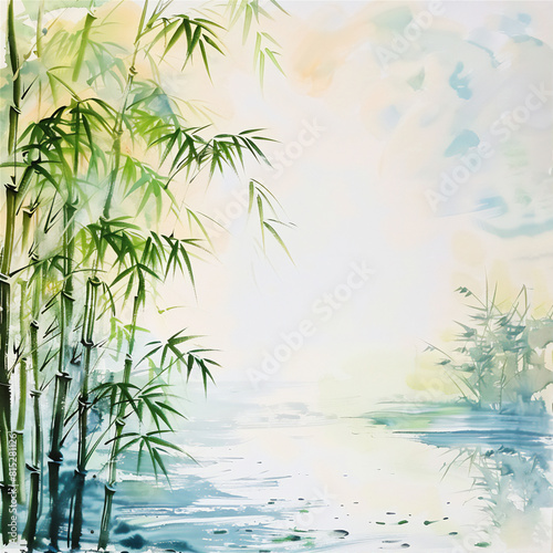 Bamboo trees illustration with copy space in artistic water painting. Asian Wallpaper. © Maizal