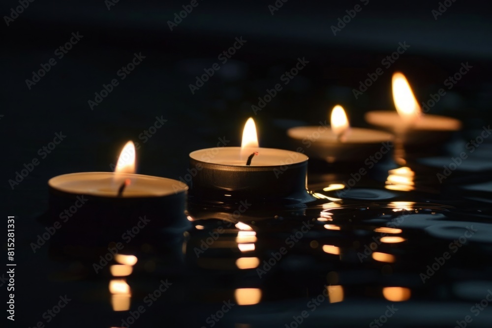 four small candles burn and float on dark water four small candles burn and float on dark water
