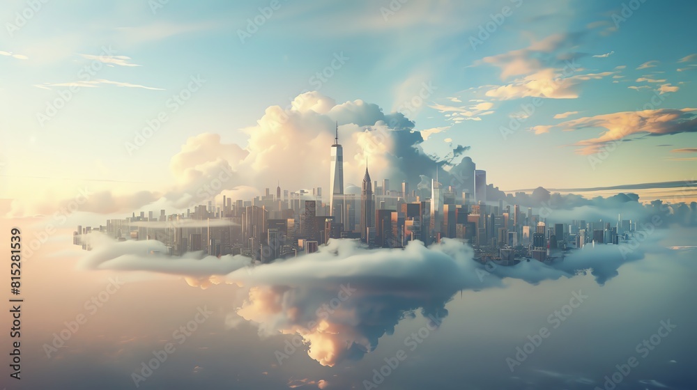 A beautiful landscape of a city above the clouds with a bright sky.