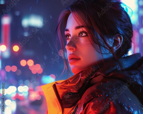 A beautiful cyberpunk girl with brown hair and brown eyes with blurred city and bokeh background.