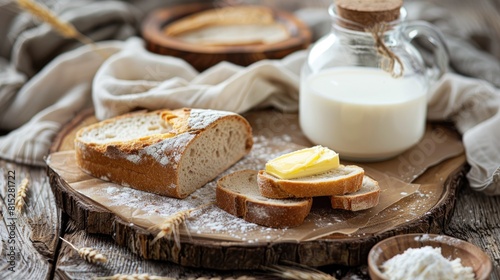Enjoy a rustic breakfast in the countryside featuring milk and whole wheat bread Indulge in sliced bread spread with butter on a weathered vintage wooden table adorned with a canvas