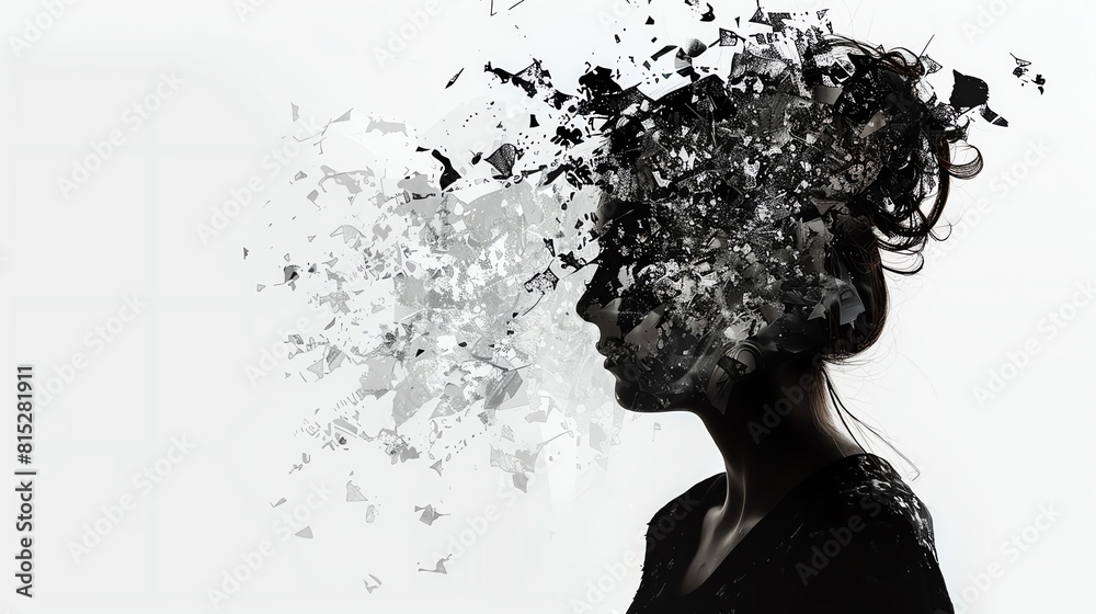 An abstract image of a human silhouette with the head disintegrating into particles, symbolizing thoughts or fragmentation.