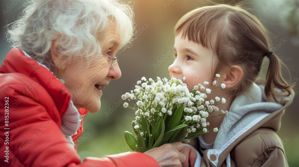 enfant offrant un brin de muguet en fleurs à sa grand-mère à l'occasion de la fête du 1er mai enfant offrant un brin de muguet en fleurs à sa grand-mère à l'occasion de la fête du 1er mai