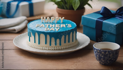 happy father's day decorated blue and white cake