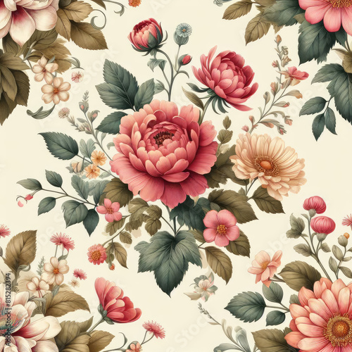 Wallpaper Mural Flower and plant. Floral classic seamless print in shabby chic style. Flowers vector illustration: peony, rose, aster, leaves and plants for background, pattern and wallpaper Generative AI Techonology Torontodigital.ca