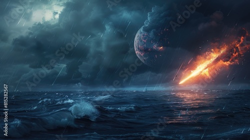 In a dramatic Armageddon like scene a blazing meteor hurtled downwards and crashed into the vast expanse of the ocean photo