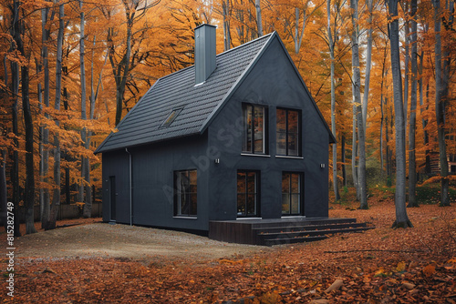 A sleek modern house painted in dark grey, situated in a lush Scandinavian forest with a background of autumn leaves.