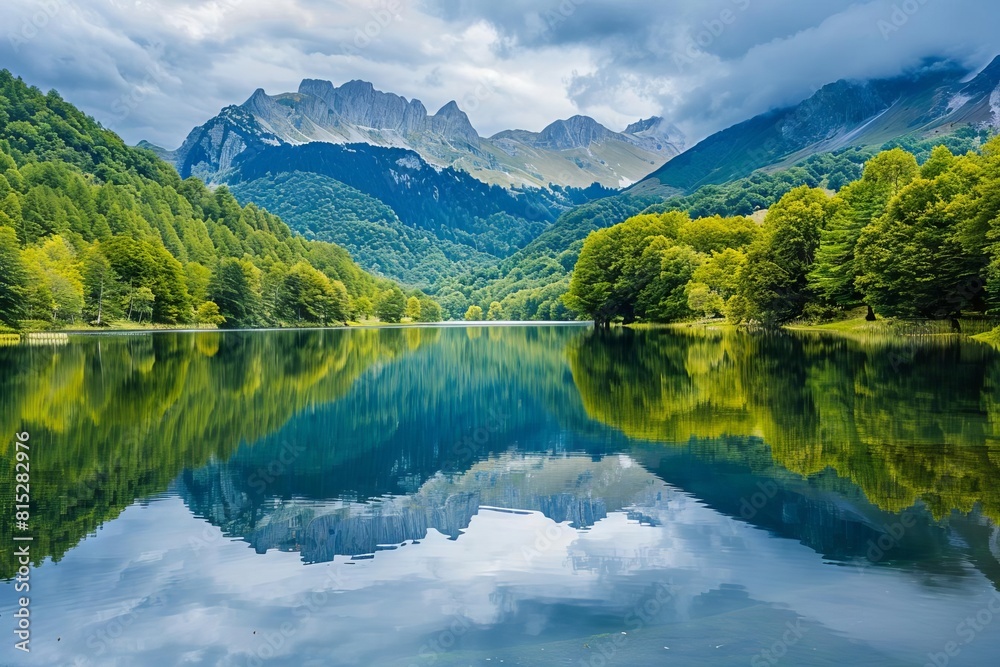 mirrored tranquility serene mountain landscape perfectly reflected in the still waters of a calm lake scenic nature photography