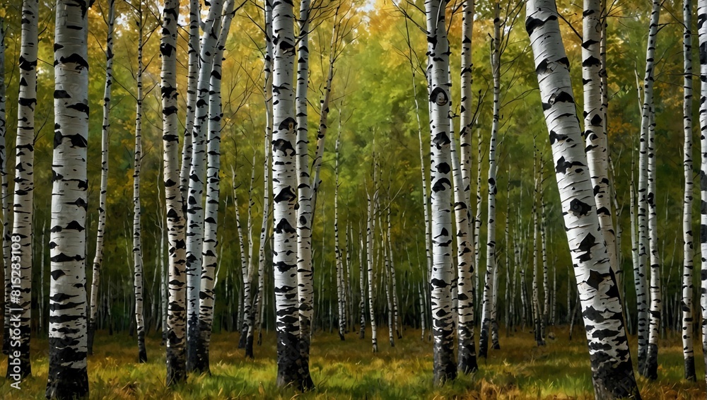 Obraz premium Birches trees,Deciduous Trees: Characterized by their distinctive white bark and slender branches, birch trees are often found in northern temperate forests.