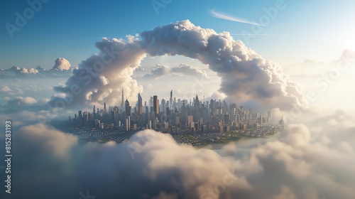 An imaginative depiction of a bustling cityscape surrounded by a massive cloud arch, merging urban life with dreamlike elements.