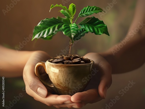 Hand holding coffee plant growing out of a coffee cup.