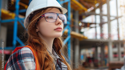 jeune femme 30-35 ans sur un chantier de construction BTP avec casque de protection et gilet de signalisation photo