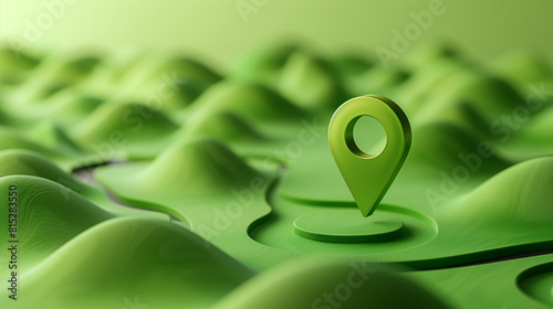 Location pin icon on green land plot, estate investment, land plot for construction project. 3d ground slice section 