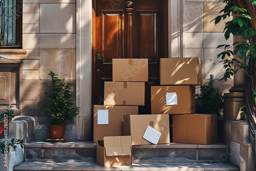 Shipping boxes stacked on porch in front of residential front door with one opened box, Generative AI