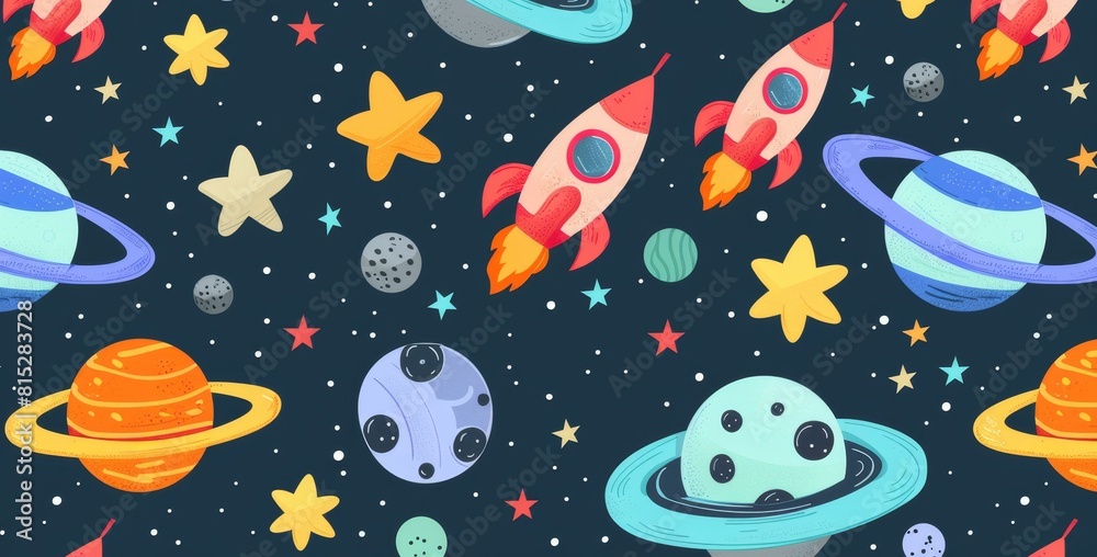 Colorful childrens spacethemed wallpaper with rockets and planets, Ai Generated Colorful childrens spacethemed wallpaper with rockets and planets, Ai Generated