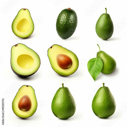 Fresh whole and sliced avocados, perfectly isolated on a white background, Ai Generated