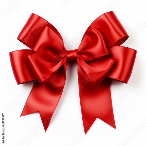 Vibrant red gift ribbon bow set against a pure white background, Ai Generated