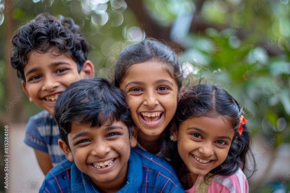 Group of happy indian kids smiling and looking at camera in the park Group of happy indian kids smiling and looking at camera in the park