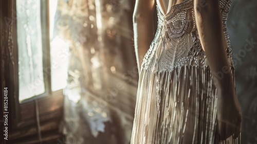 flapper dress from the 1920s, intricate beaded design, fringe details, natural light filtering through a window highlighting the textures realistic photo